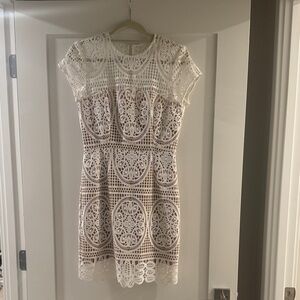 Aijek White Lace Overlay Cap-Sleeve Dress